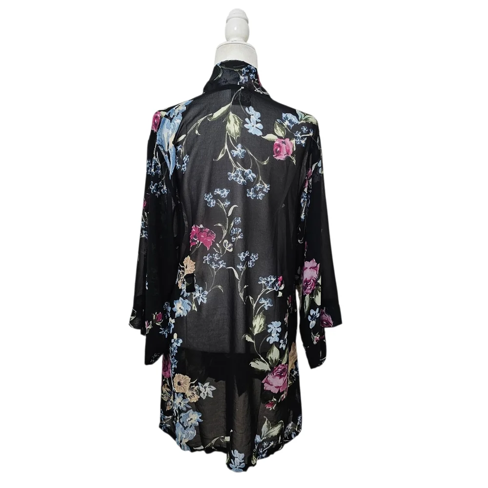 helena Quinn Georgette Kimono Coverup Sheer Black Floral One Size Fits All - Picture 2 of 16